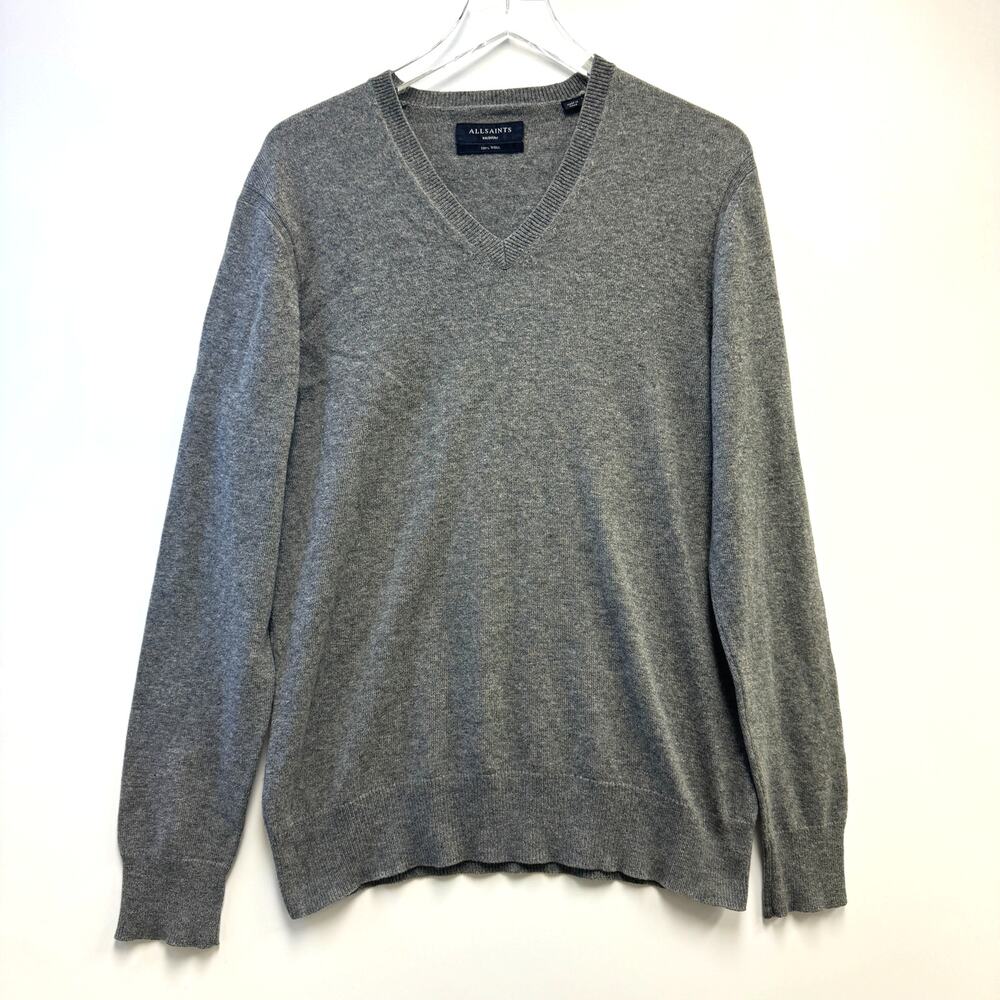 ALLSAINTS Men's V-Neck 100% Wool Gray Long Sleeve Sweater Sz M